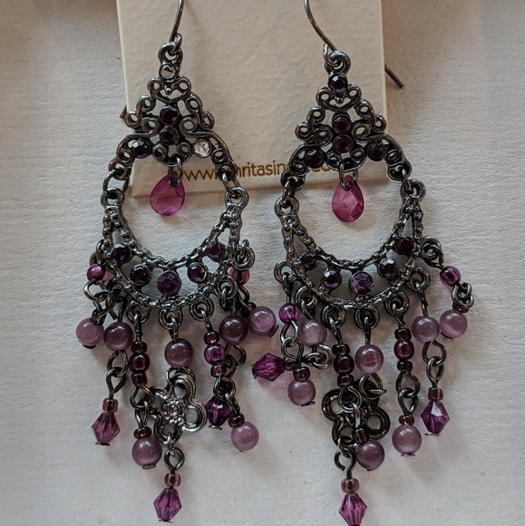 Purple Bead Dangle Earrings - Picture 2 of 6